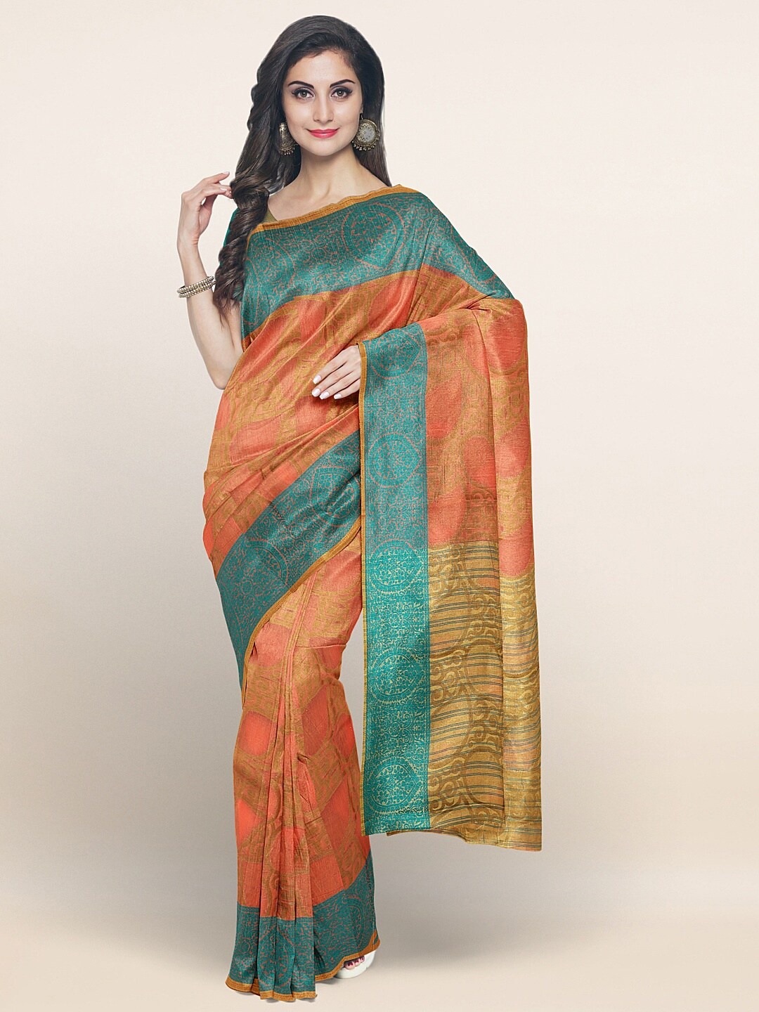 

Pothys Peach-Coloured & Teal Green Floral Saree