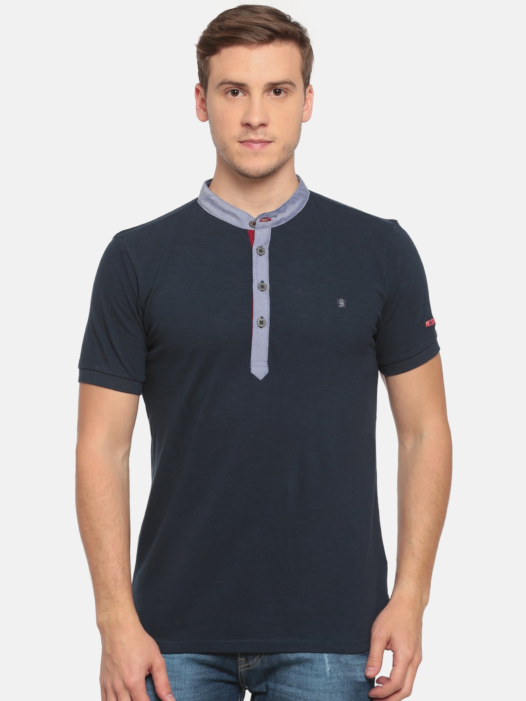 

Being Human Clothing Navy Solid Mandarin Collar Pure Cotton T-shirt, Navy blue