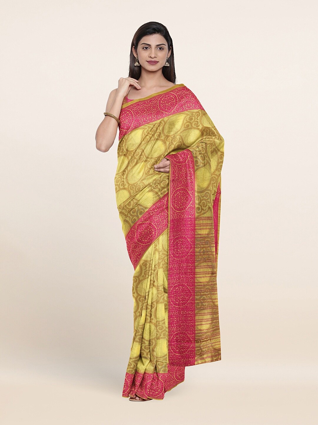 Pothys Yellow & Pink Floral Printed Saree