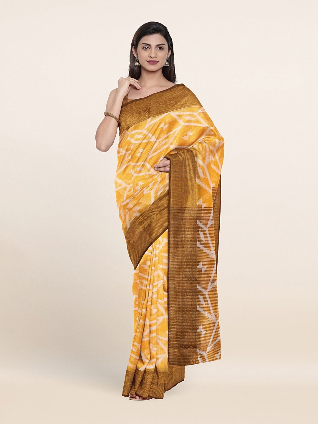 

Pothys Yellow & White Geometric Printed Zari Saree