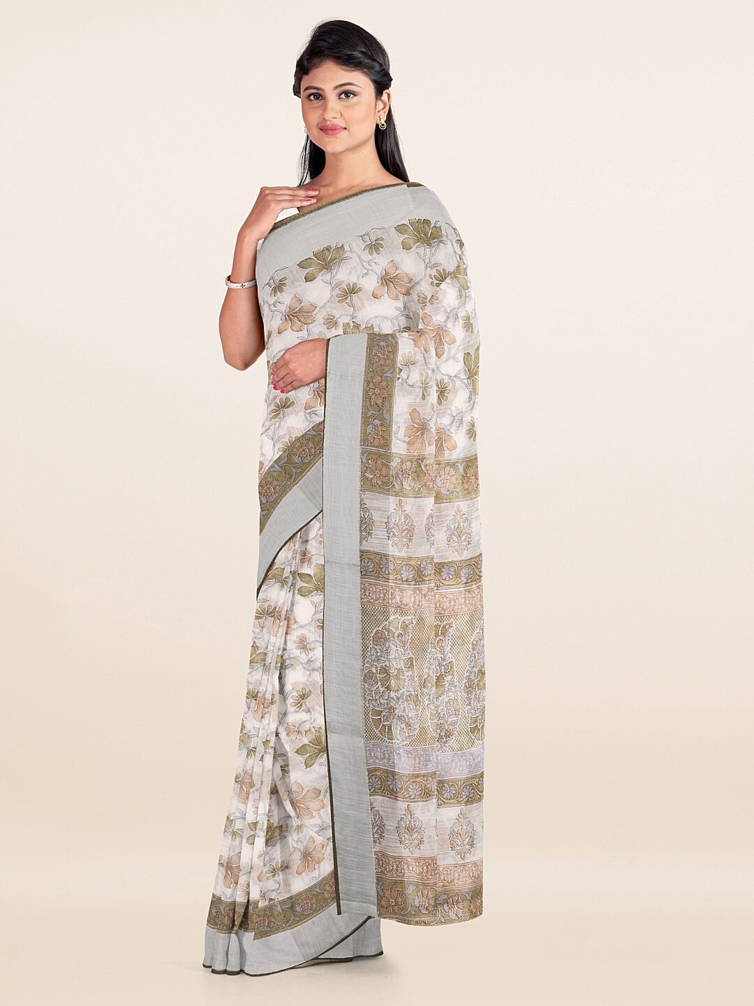 

Pothys Off White & Brown Floral Printed Zari Border Saree