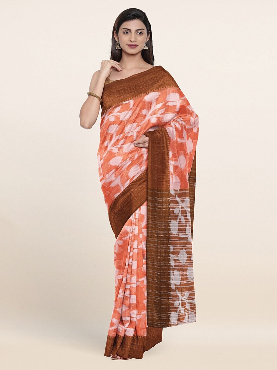 

Pothys Peach-Coloured & Brown Floral Saree