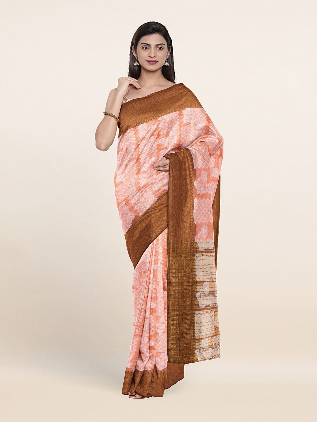 

Pothys Peach-Coloured & Copper-Toned Floral Zari Border Cotton Blend Saree