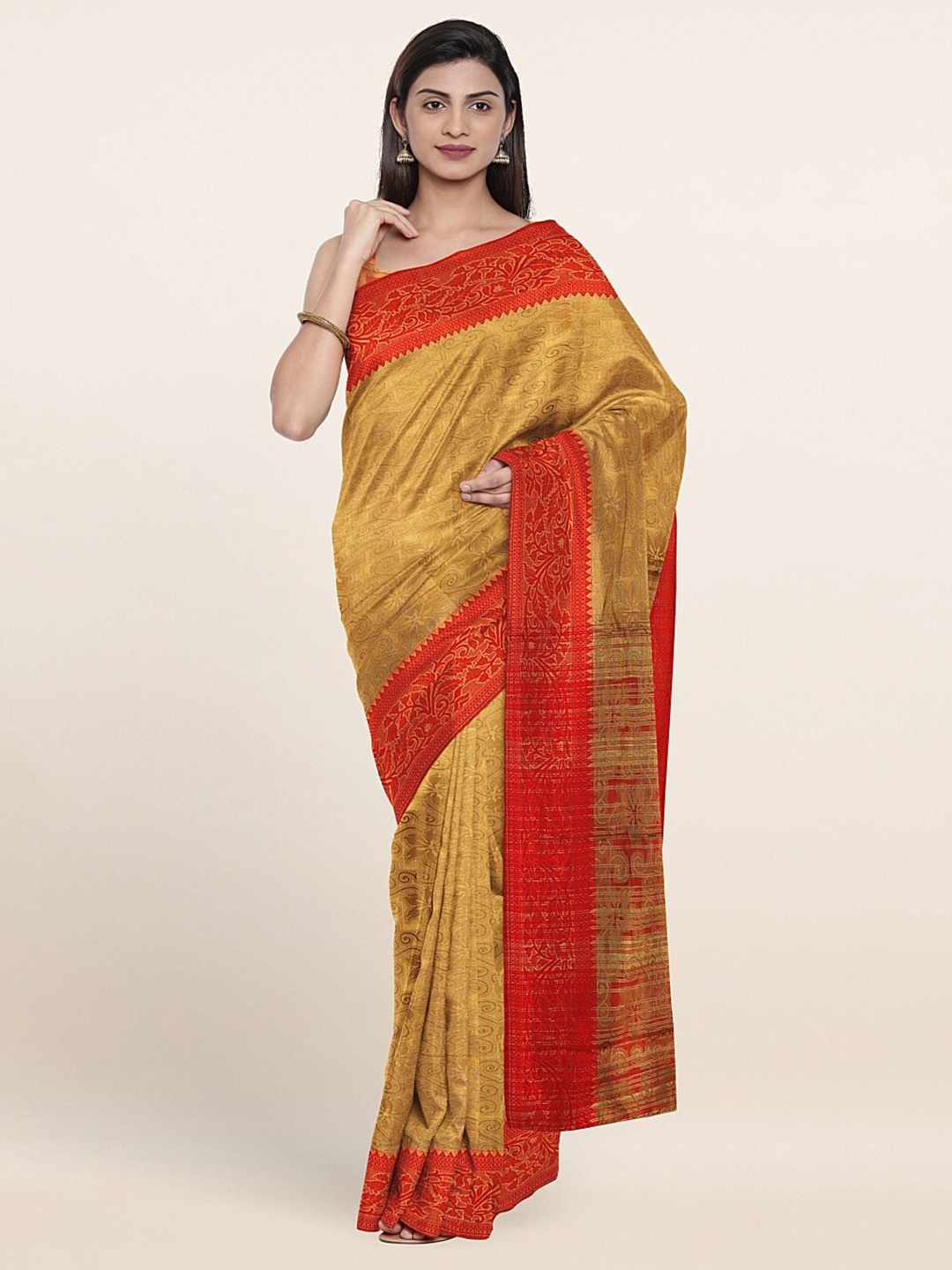 

Pothys Yellow & Gold-Toned Ethnic Motifs Woven Design Saree