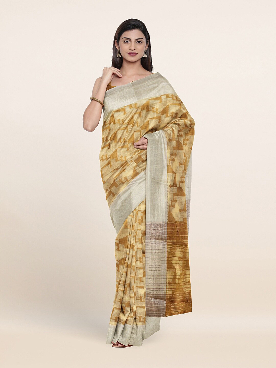 

Pothys Cream-Coloured & Brown Floral Zari Saree