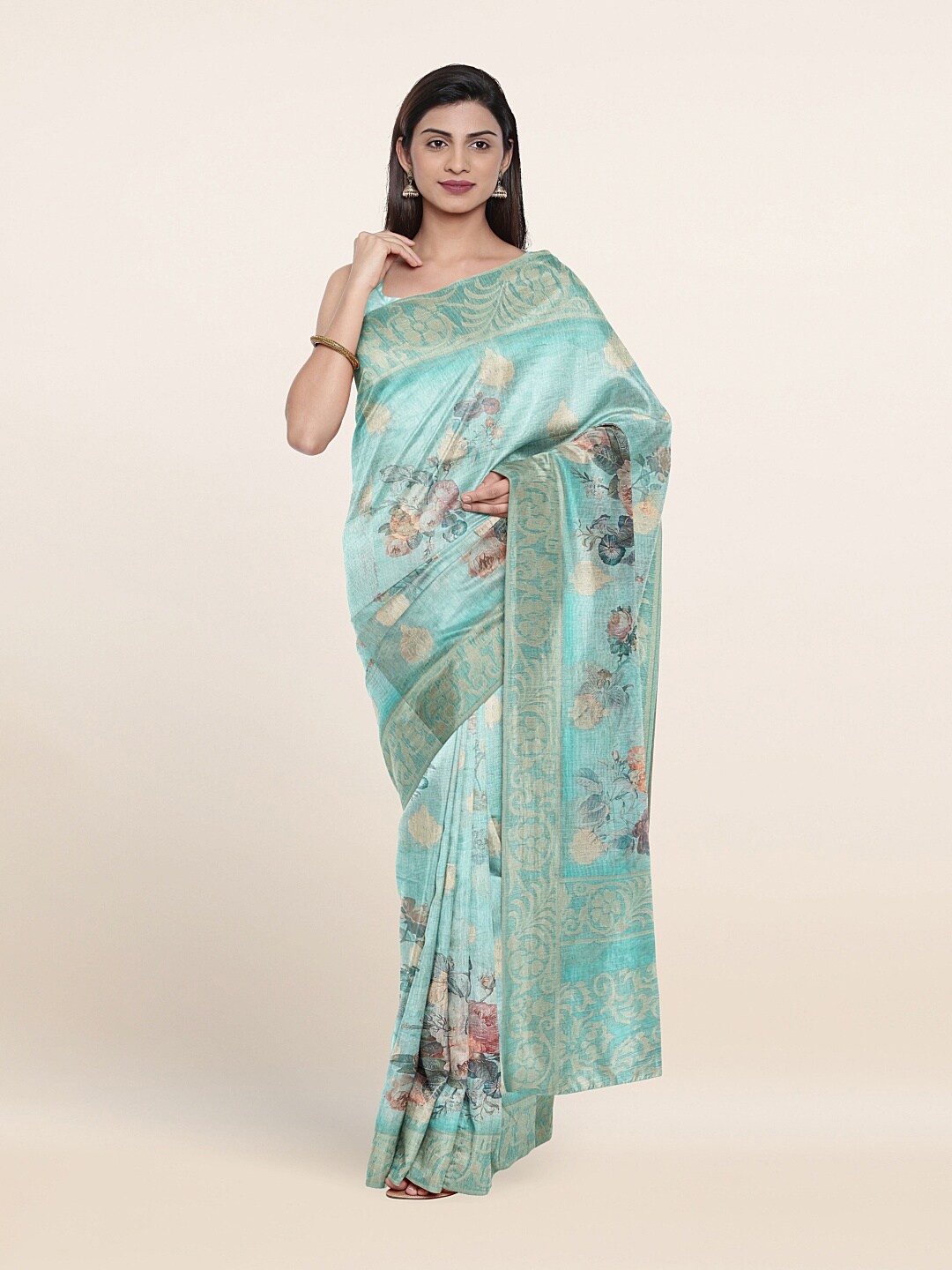 

Pothys Sea Green Floral Zari Tissue Saree
