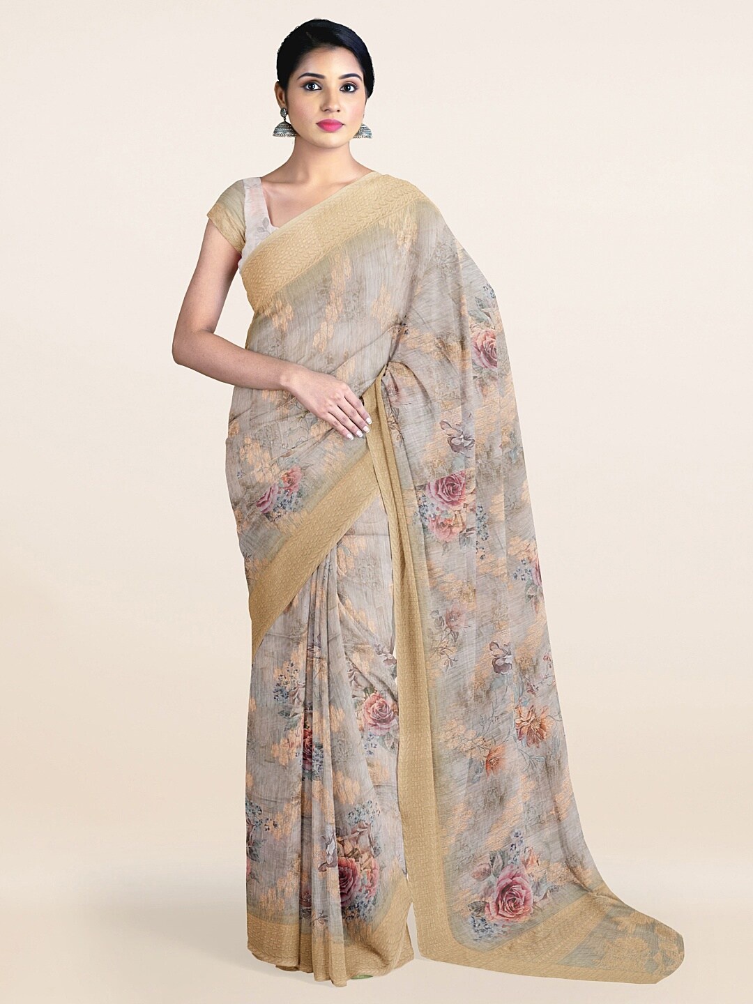 

Pothys Grey Floral Tissue Saree
