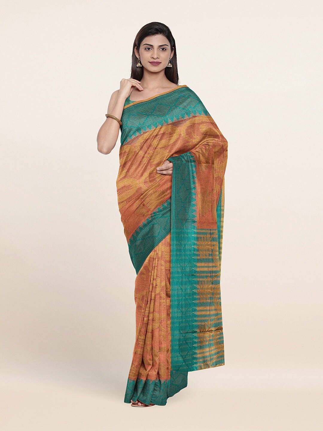 

Pothys Peach-Coloured & Blue Floral Saree