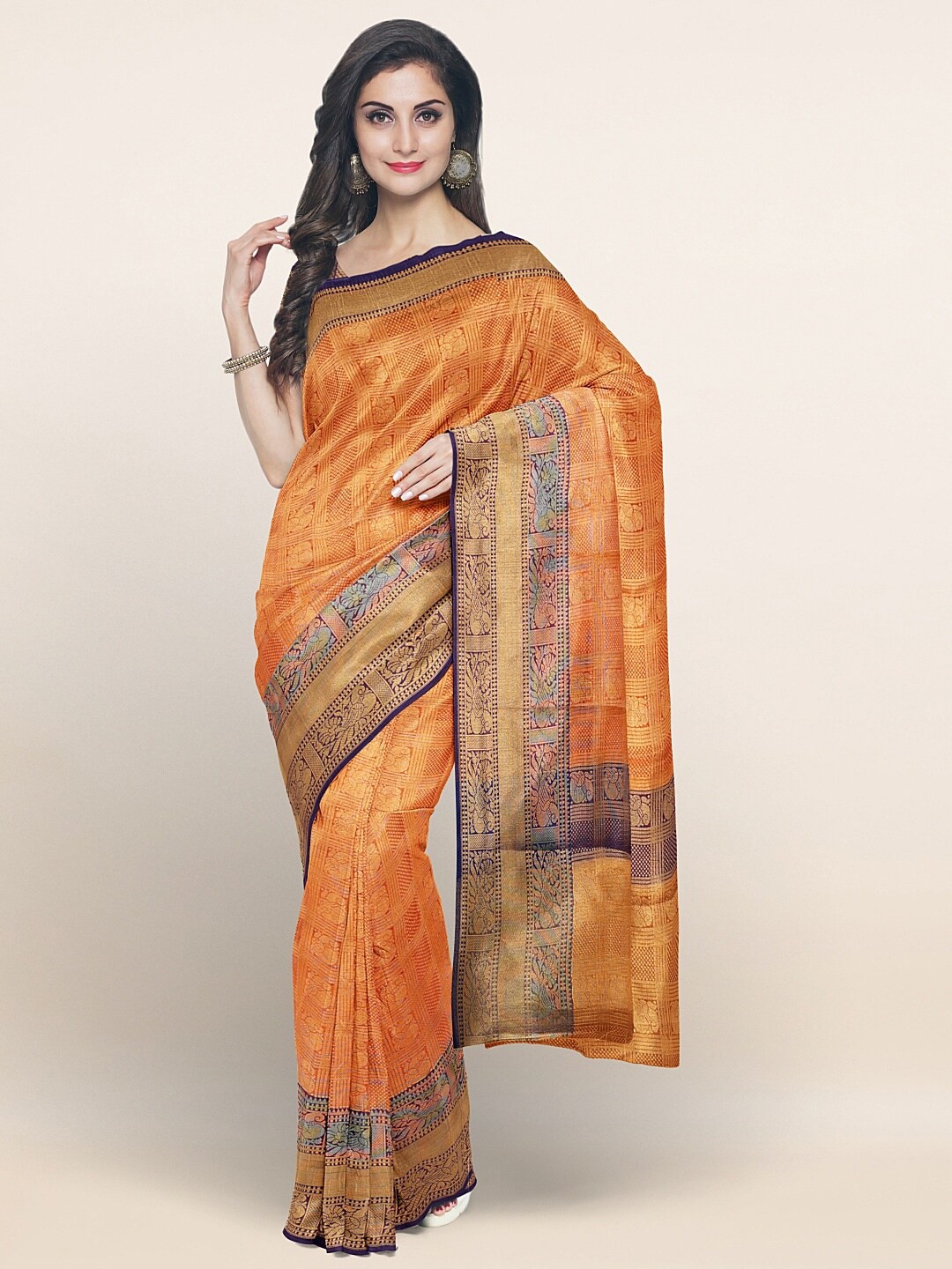 

Pothys Orange & Gold-Toned Ethnic Motifs Saree