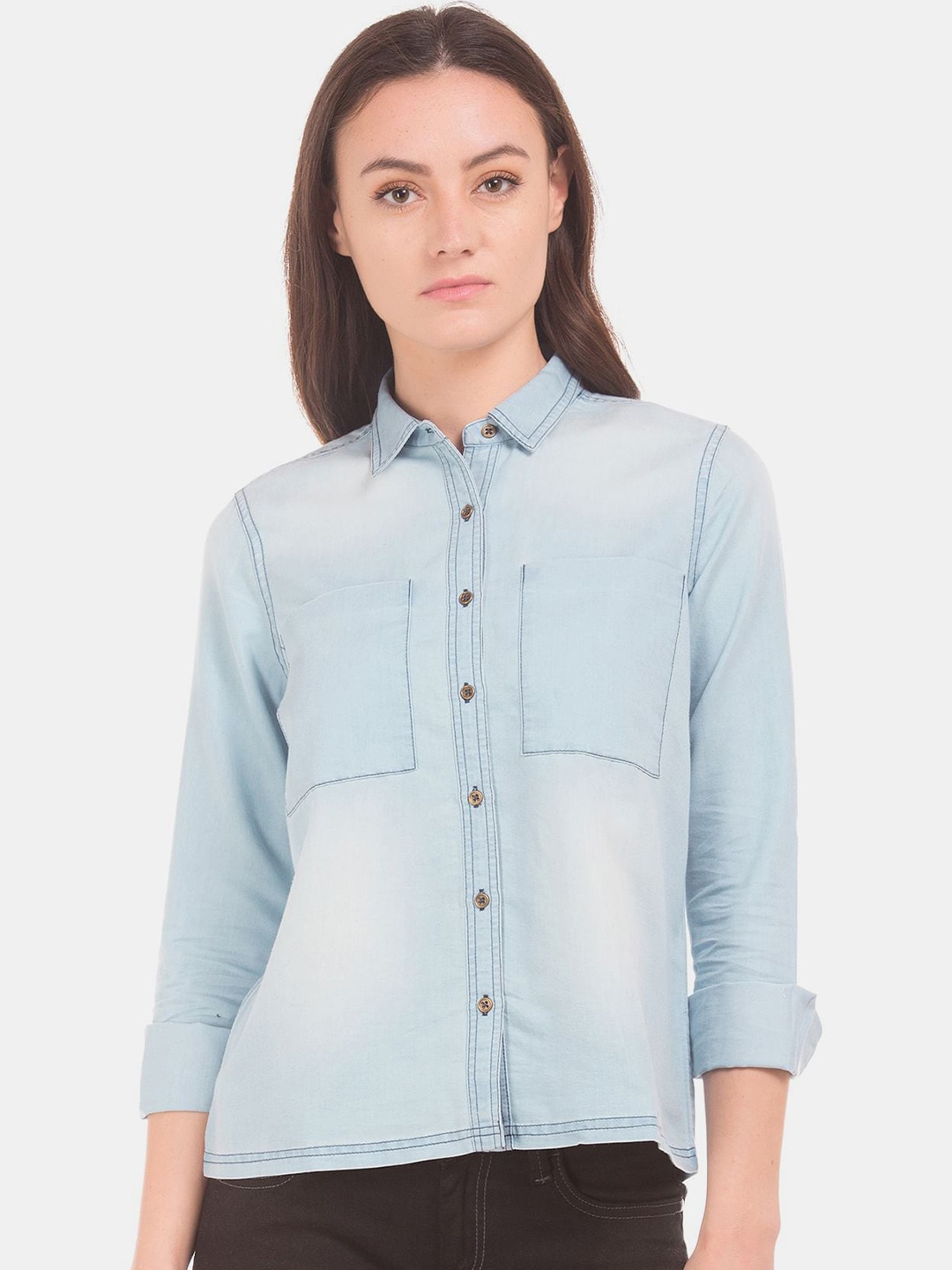 

Cherokee Women Blue Faded Cotton Casual Shirt