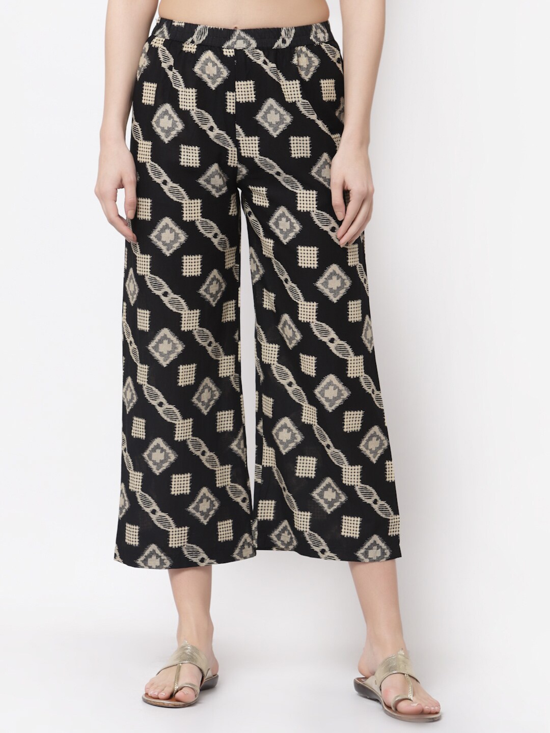 

Myshka Women Black & Cream-Coloured Printed Cotton Cropped Palazzos