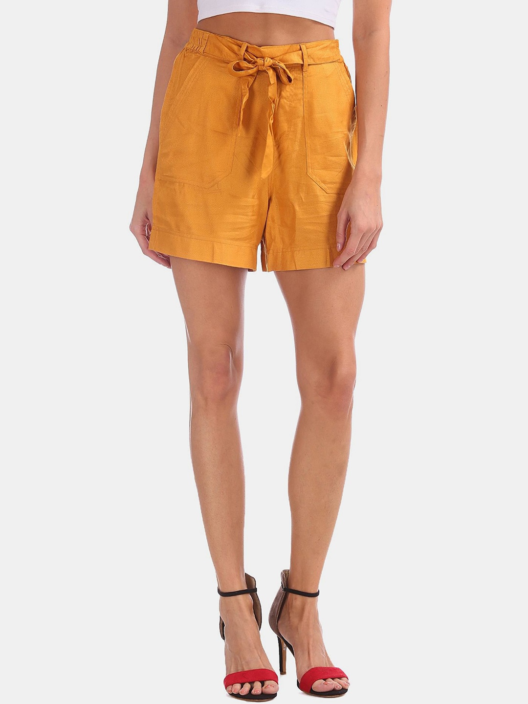 

Cherokee Women Mustard Yellow Solid Belted Waist Shorts