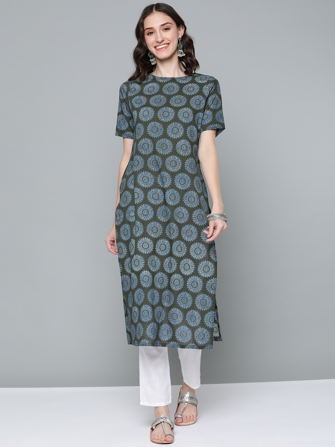 

HERE&NOW Women Olive Green & Blue Ethnic Motifs Printed Pure Cotton Kurta