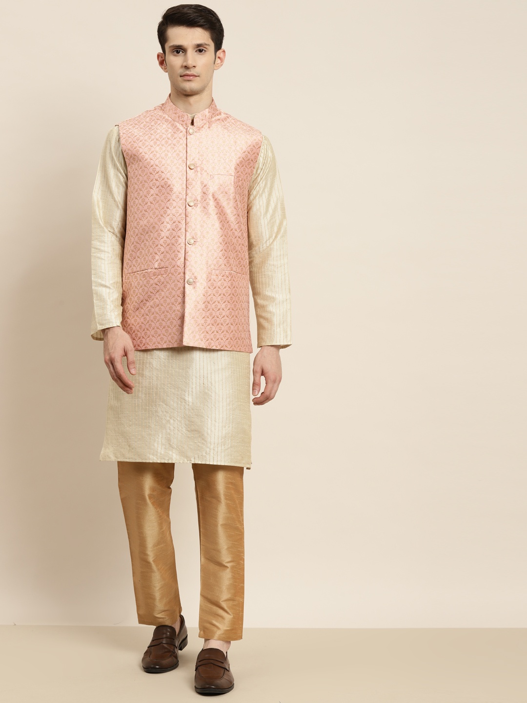 

SOJANYA Men Beige Striped Kurta with Pyjamas & Nehru Jacket