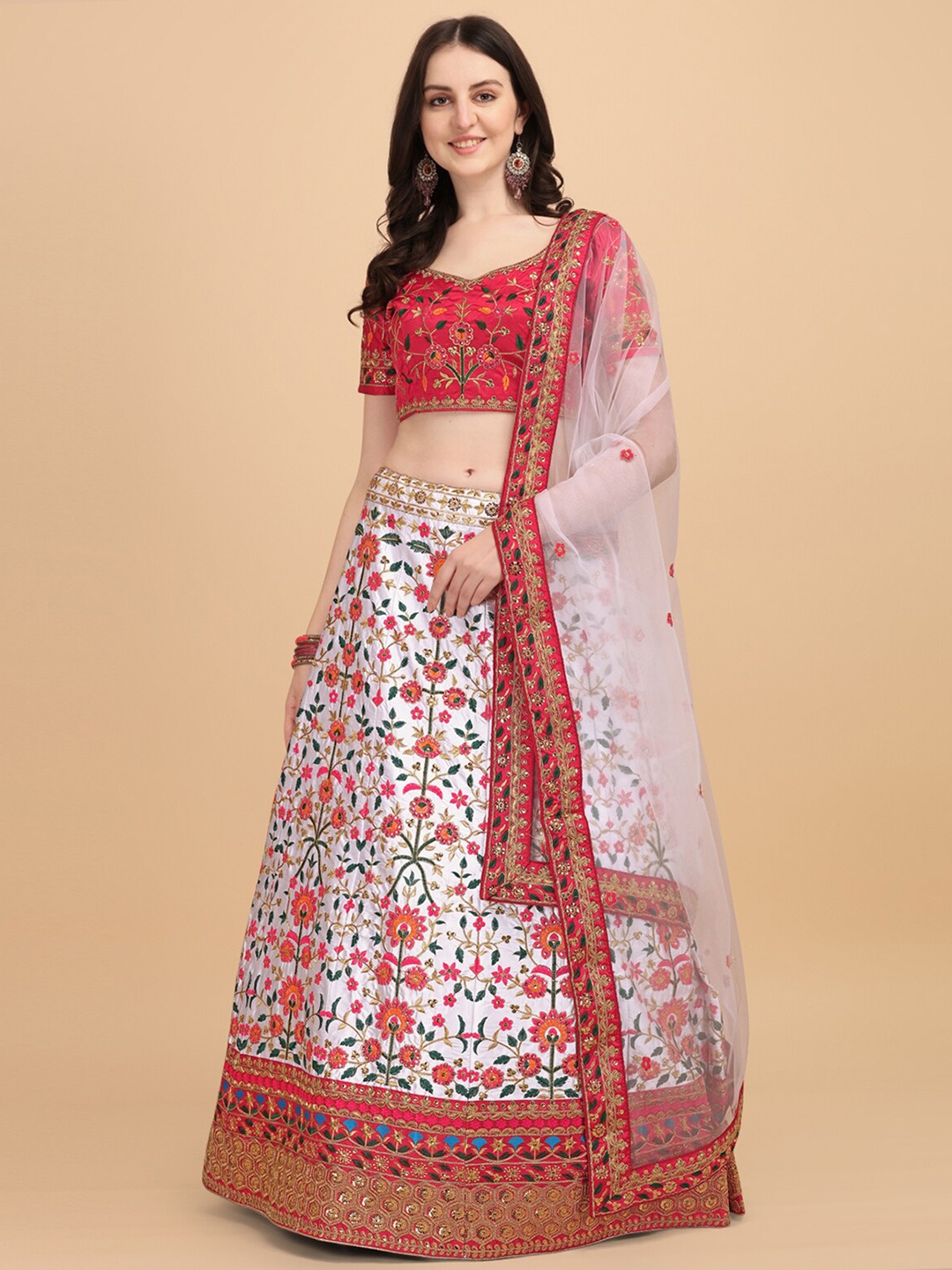 

Amrutam Fab Women Off White Embroidered Semi-Stitched Lehenga Choli with Dupatta