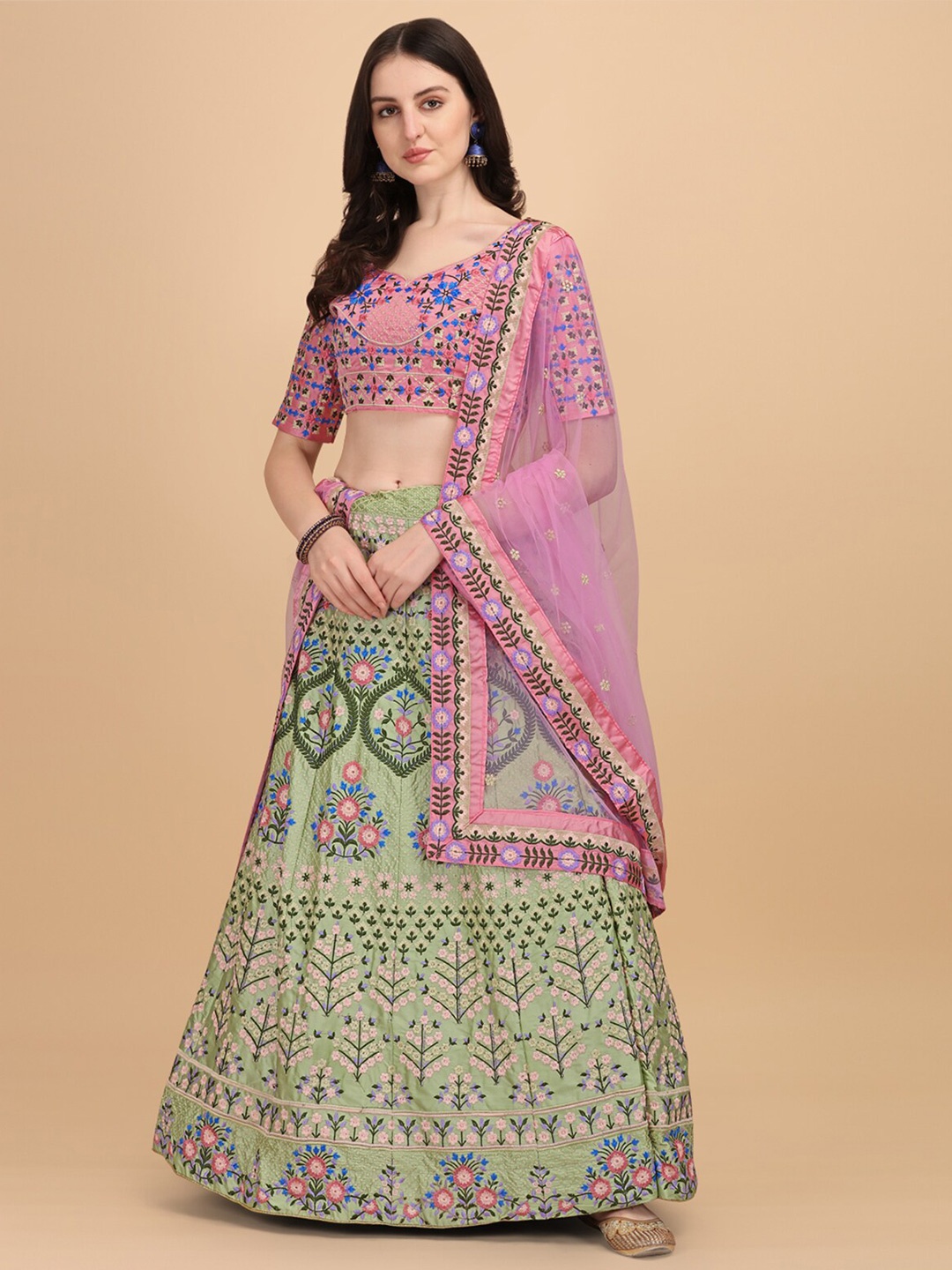 

Amrutam Fab Sea Green & Pink Embroidered Semi-Stitched Lehenga & Blouse With Dupatta