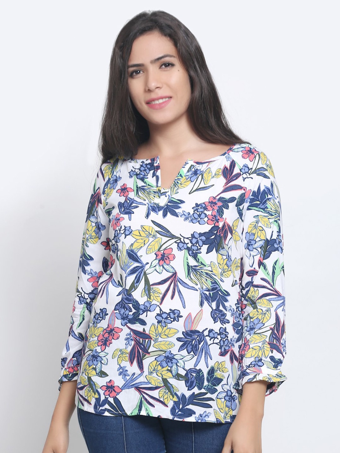 

NoBarr Women White & Blue Floral Printed Top