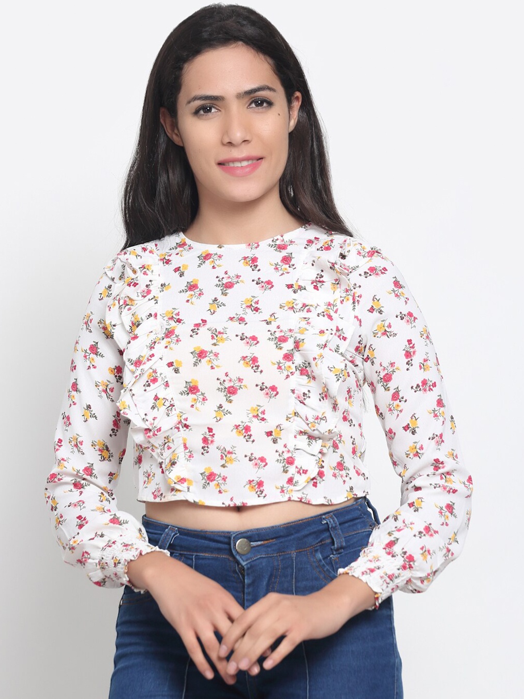 

NoBarr White & Yellow Floral Print Ruffles Crop Top