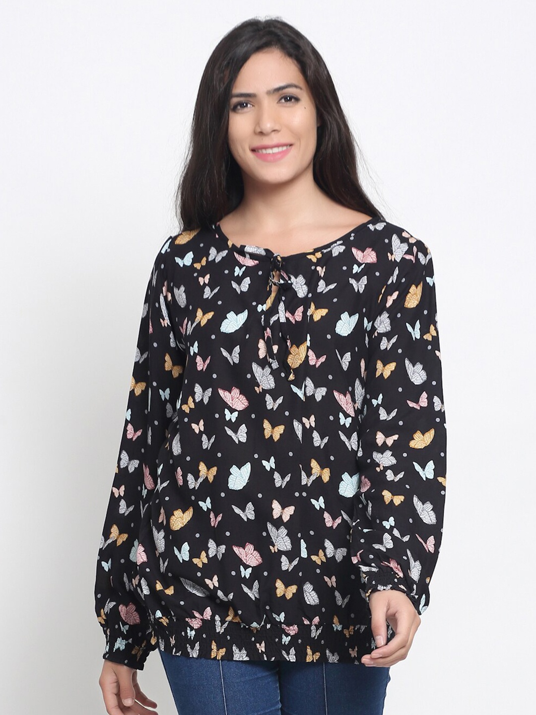 

NoBarr Black & Pink Conversational Printed Tie-Up Neck Blouson Top