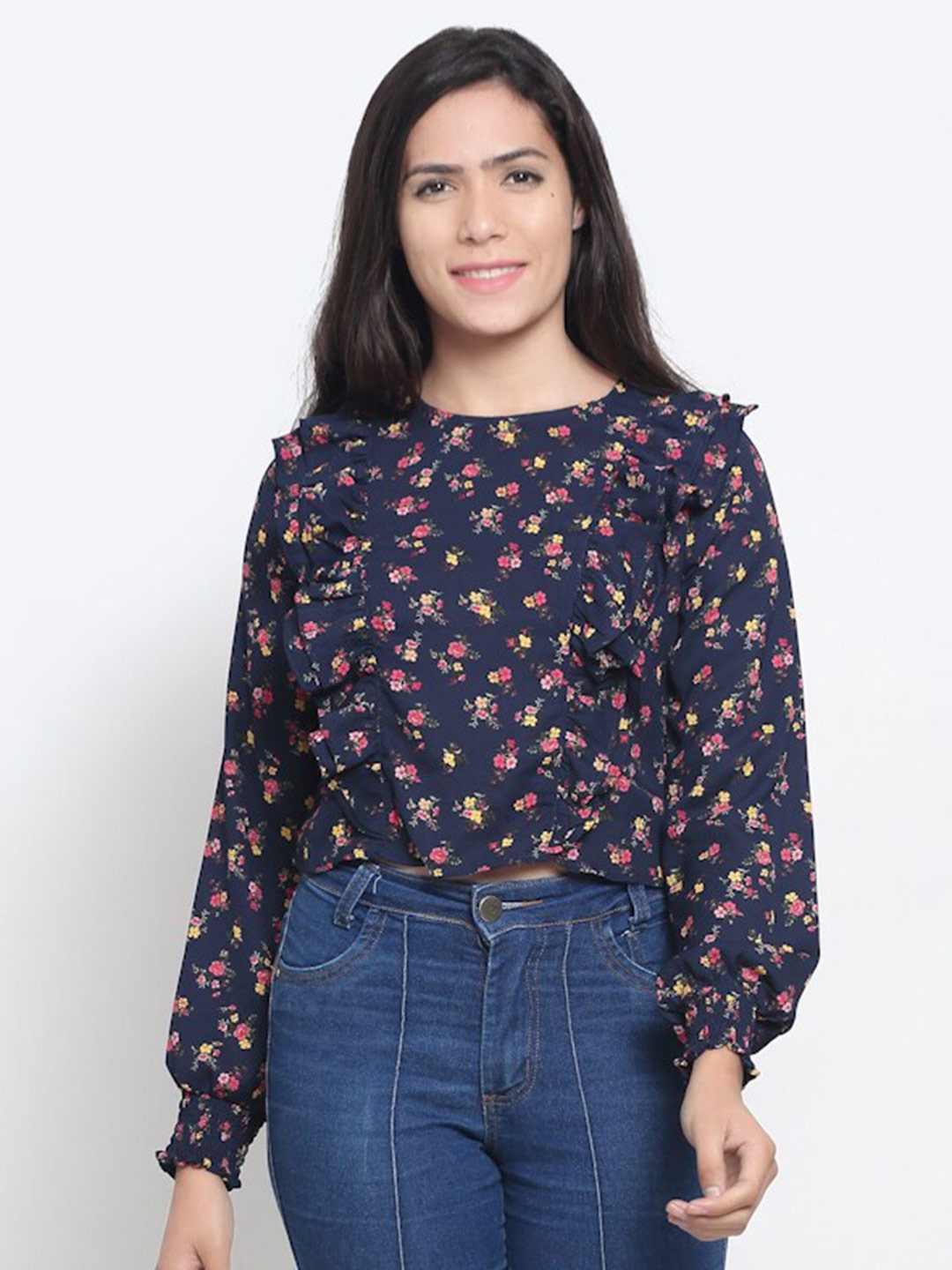 NoBarr Navy Blue Floral Printed Crop Top