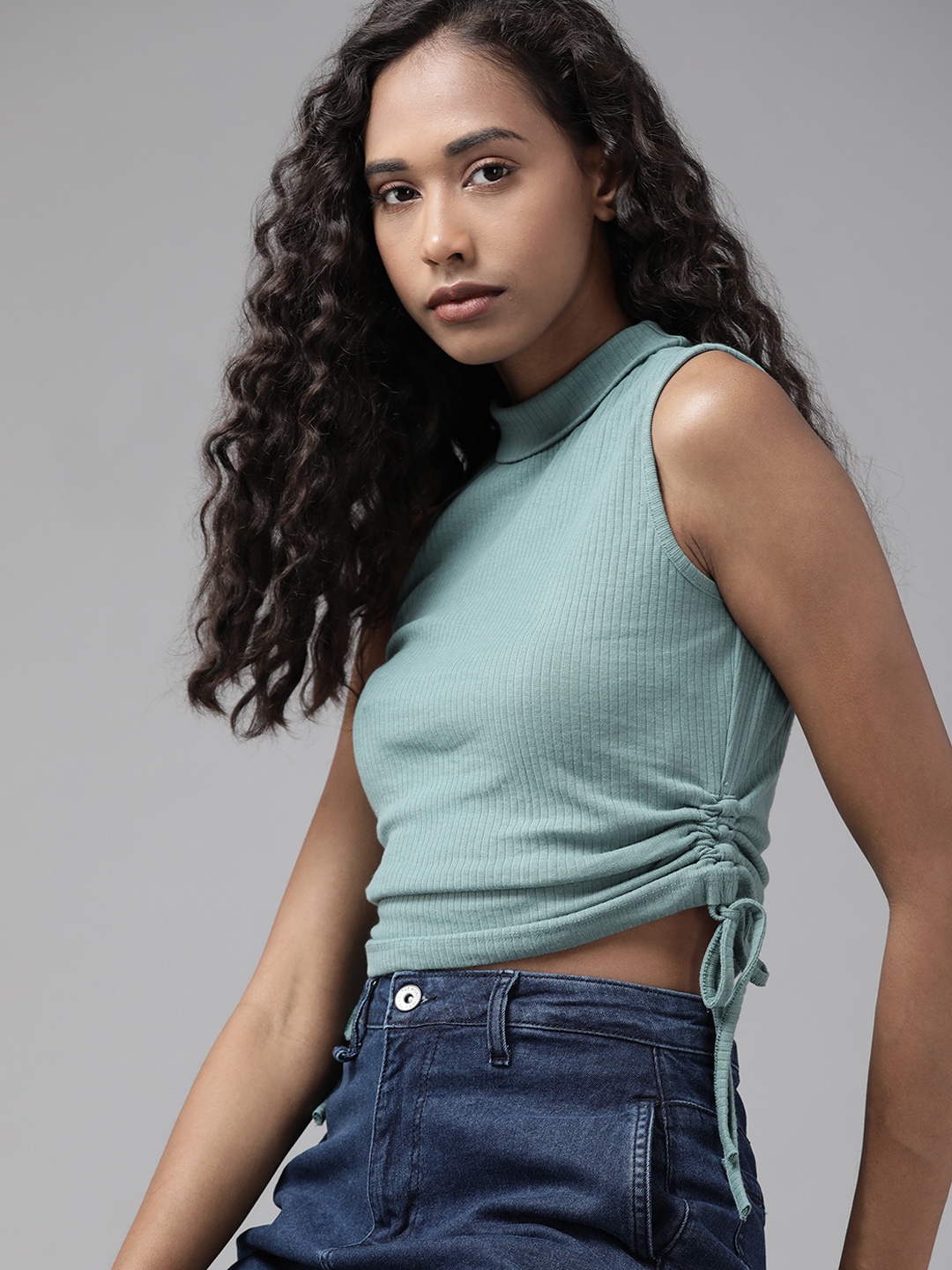 

Roadster Green Ribbed Sleeveless Tie-Up Ruched Top