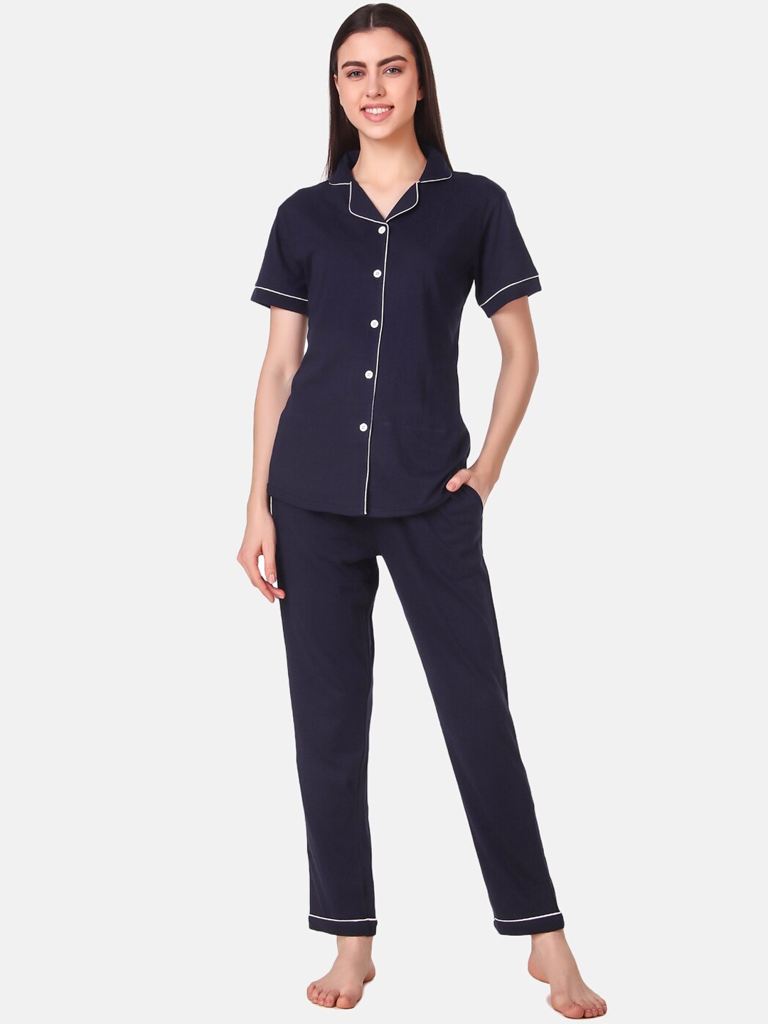 

Masha Women Navy Blue Pure Cotton Printed Night Suits