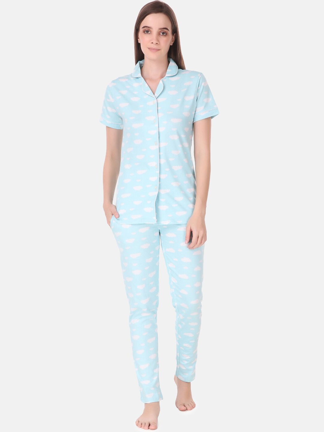 

Masha Women Blue & White Printed Pure Cotton Night suit
