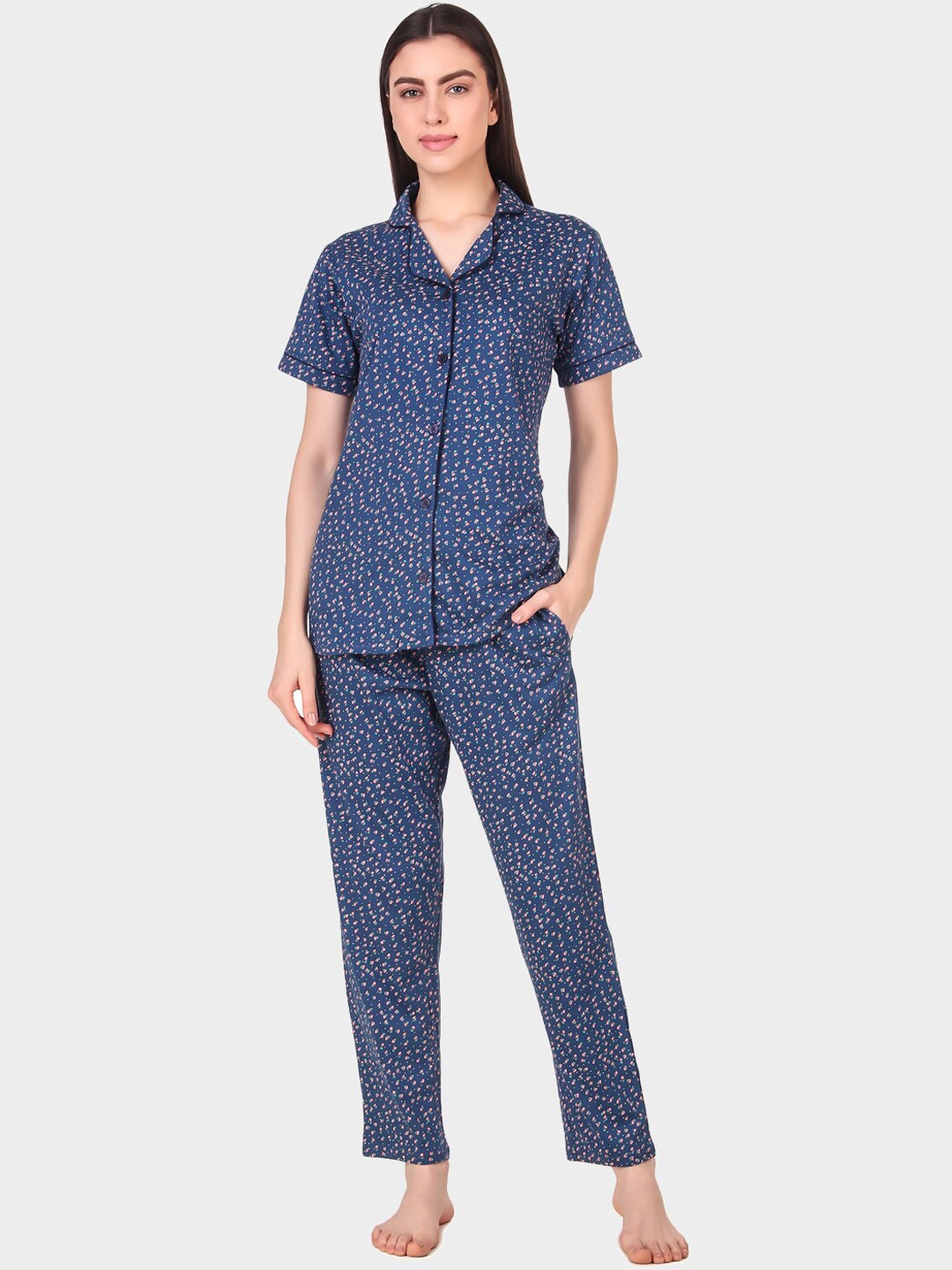 

Masha Women Blue & Peach-Coloured Floral Printed Pure Cotton Night Suit