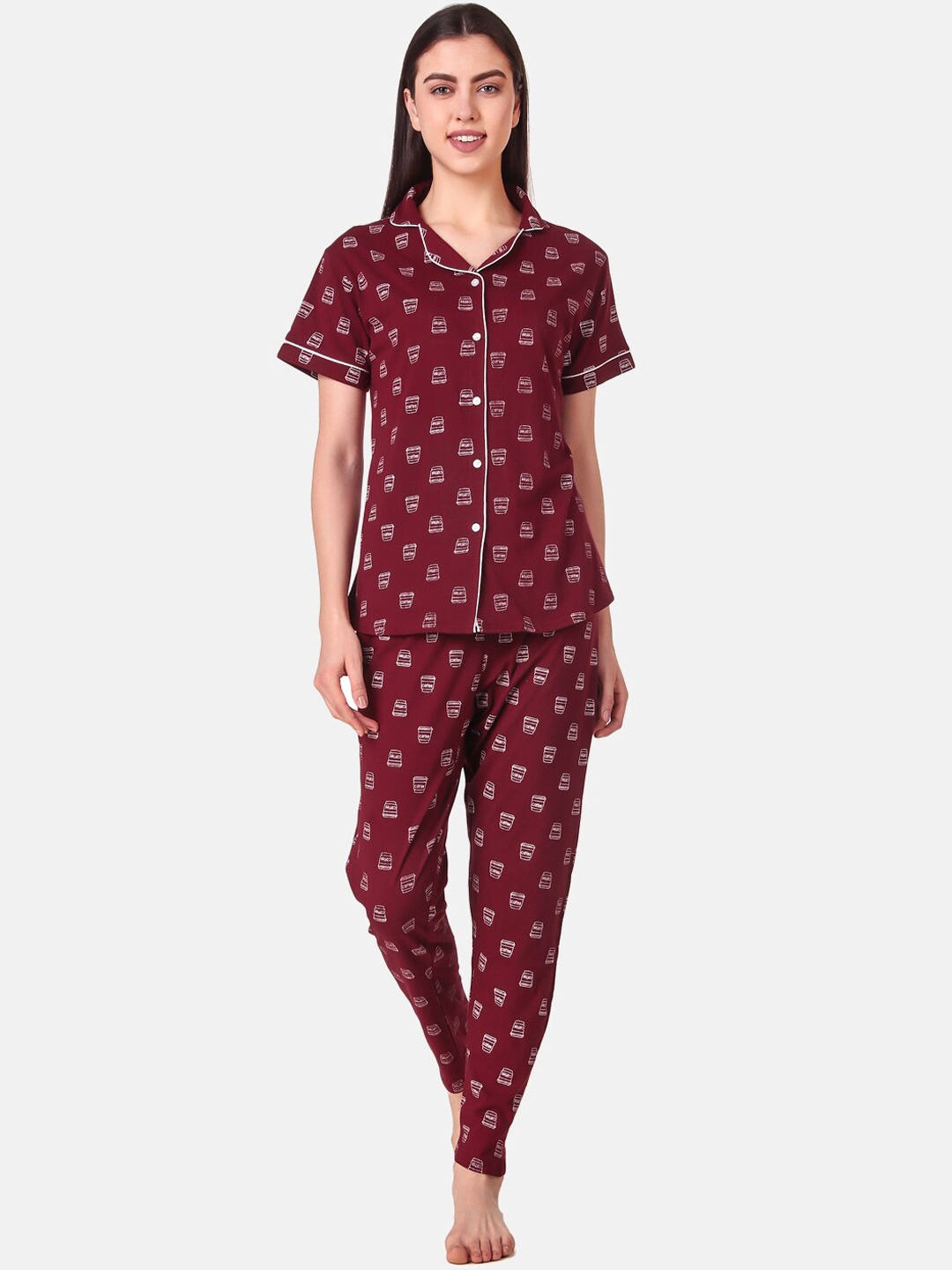 

Masha Women Maroon & White Printed Pure Cotton Night Suit