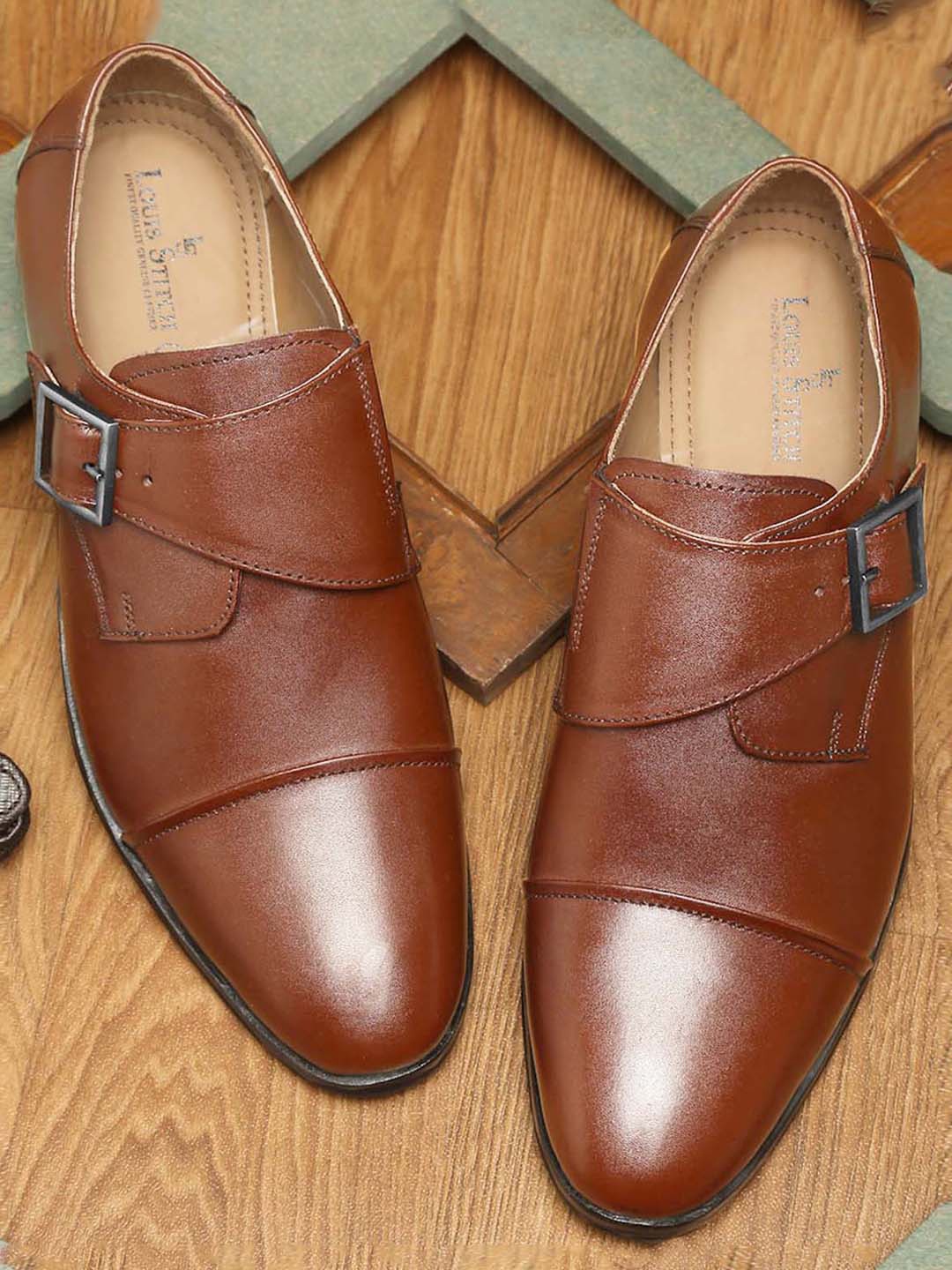 

LOUIS STITCH Men Tan Brown Solid Leather Formal Monk Shoes