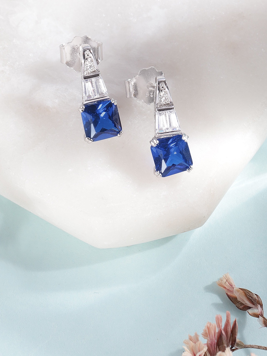 

Zavya Blue & Silver-Toned 925 Sterling Silver Square Drop Earrings