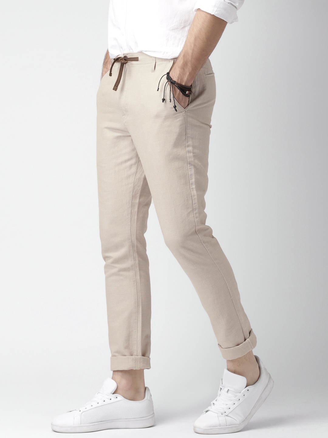

Mast & Harbour Men Beige Linen Blend Casual Cotton Linen Trousers