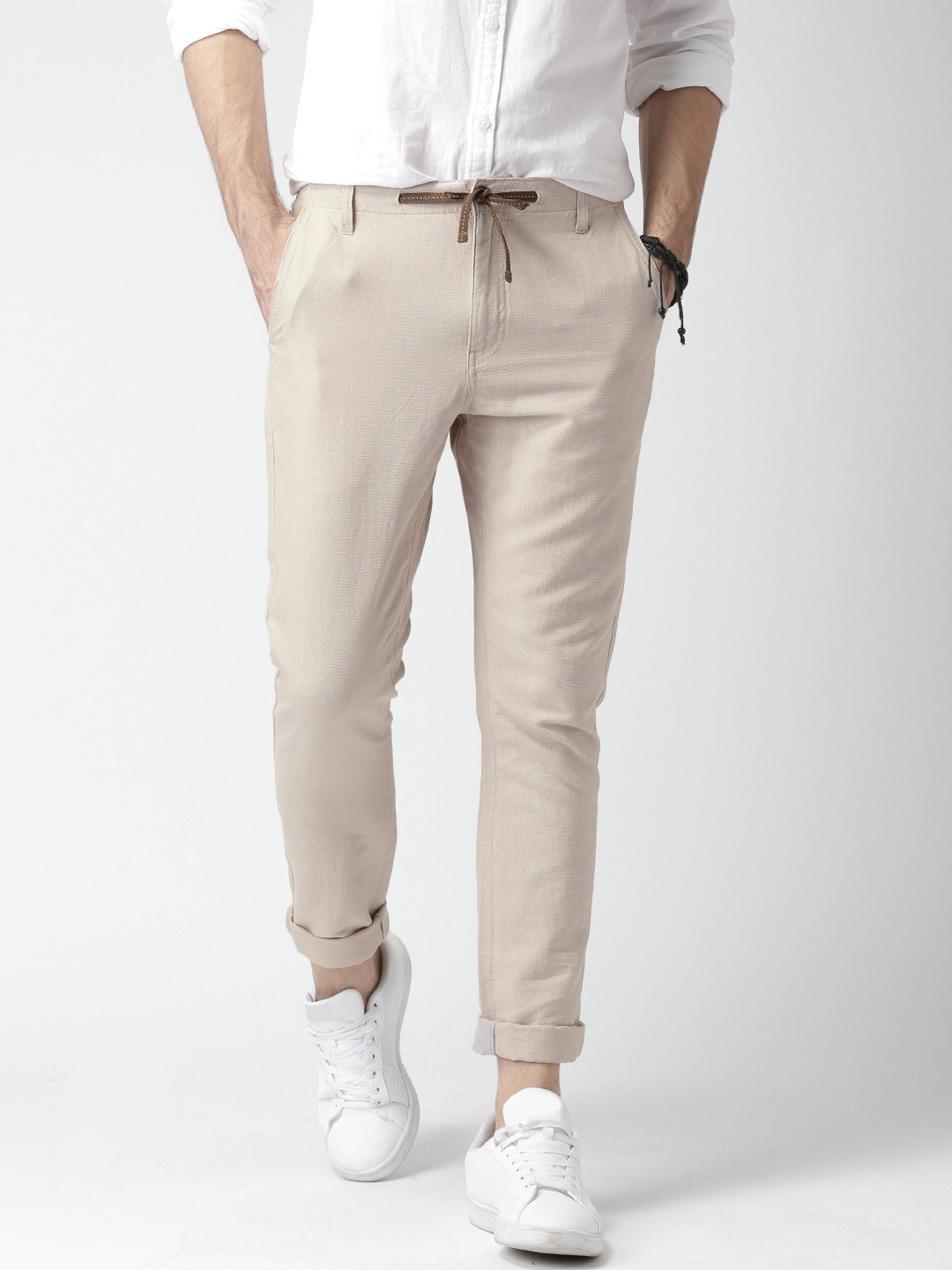 Mast & Harbour Men Beige Linen Blend Casual Cotton Linen Trousers