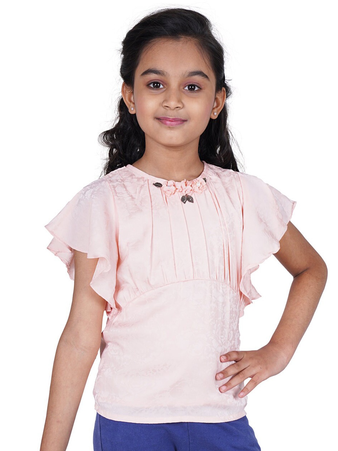 

Tiny Girl Peach-Coloured Flutter Sleeved Top