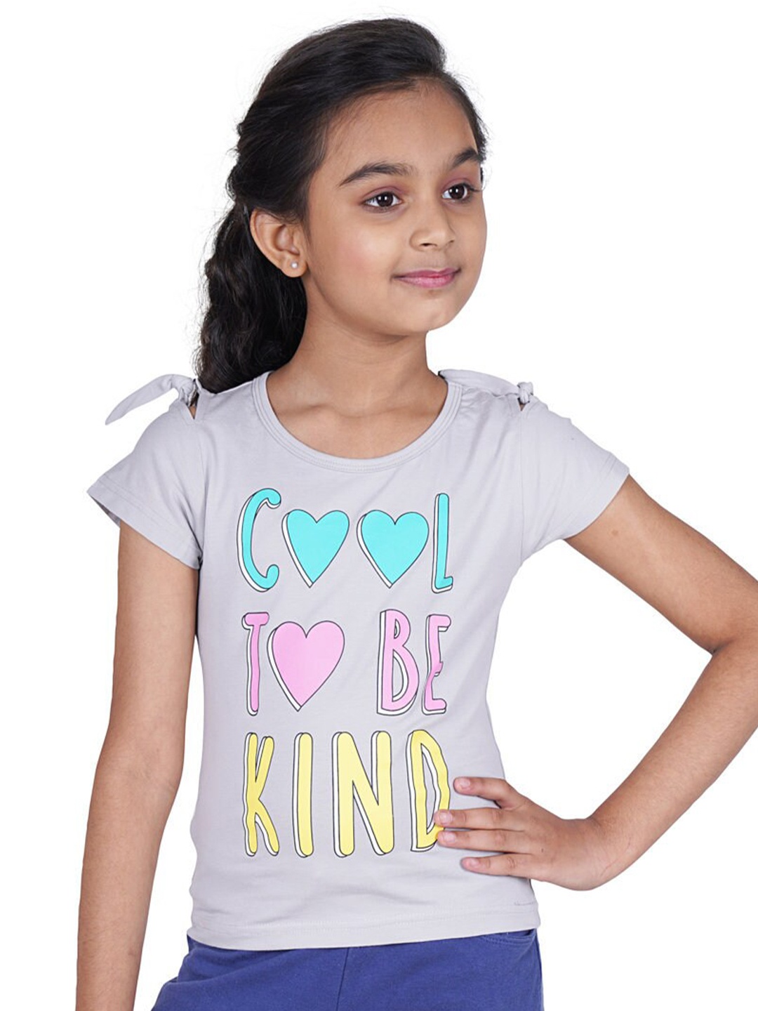

Tiny Girl Grey Typography Printed Pure Cotton Top With Tie Up Detail