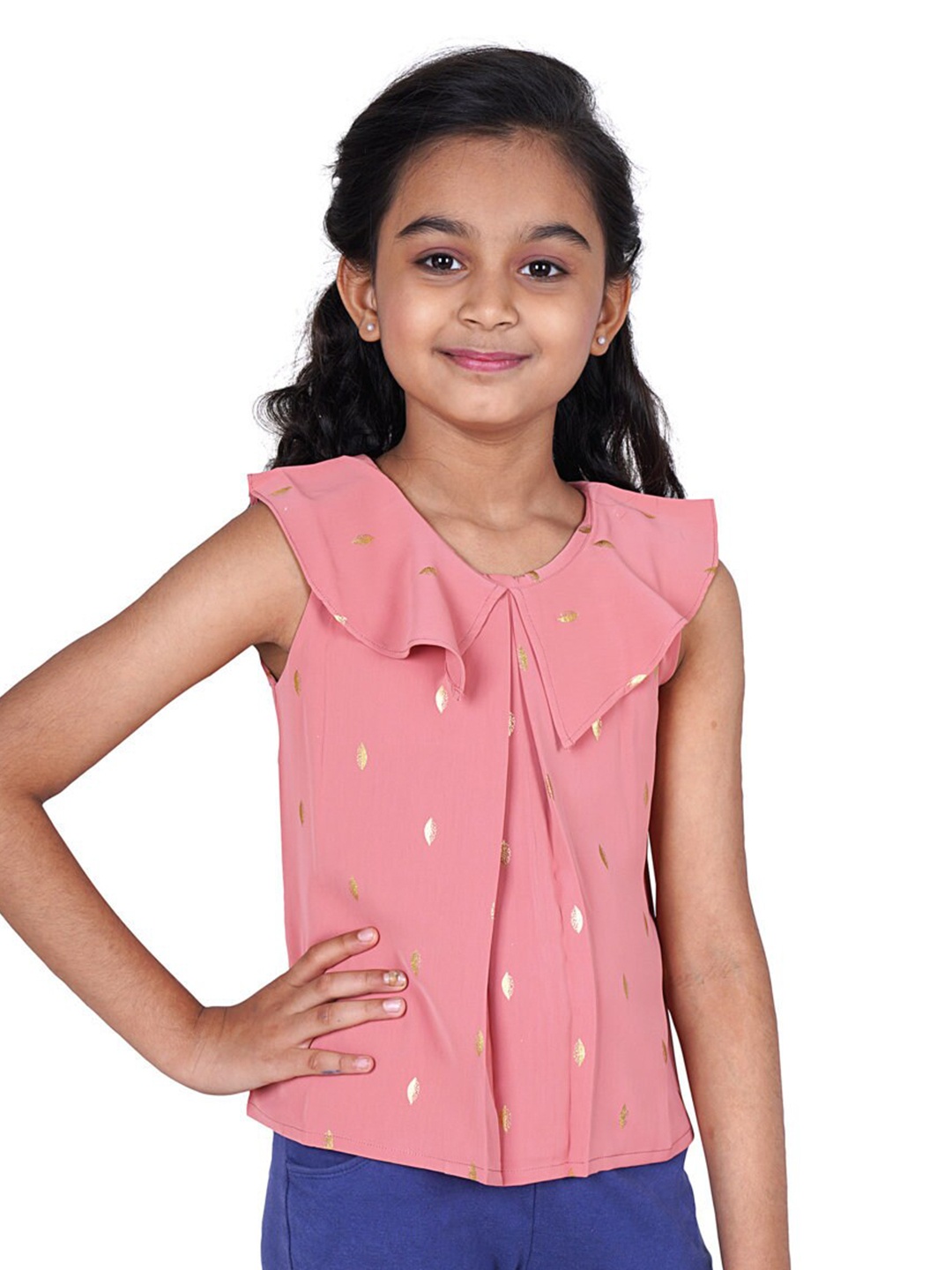 

Tiny Girl Pink & Golden Ethnic Motifs Printed Ruffled Top