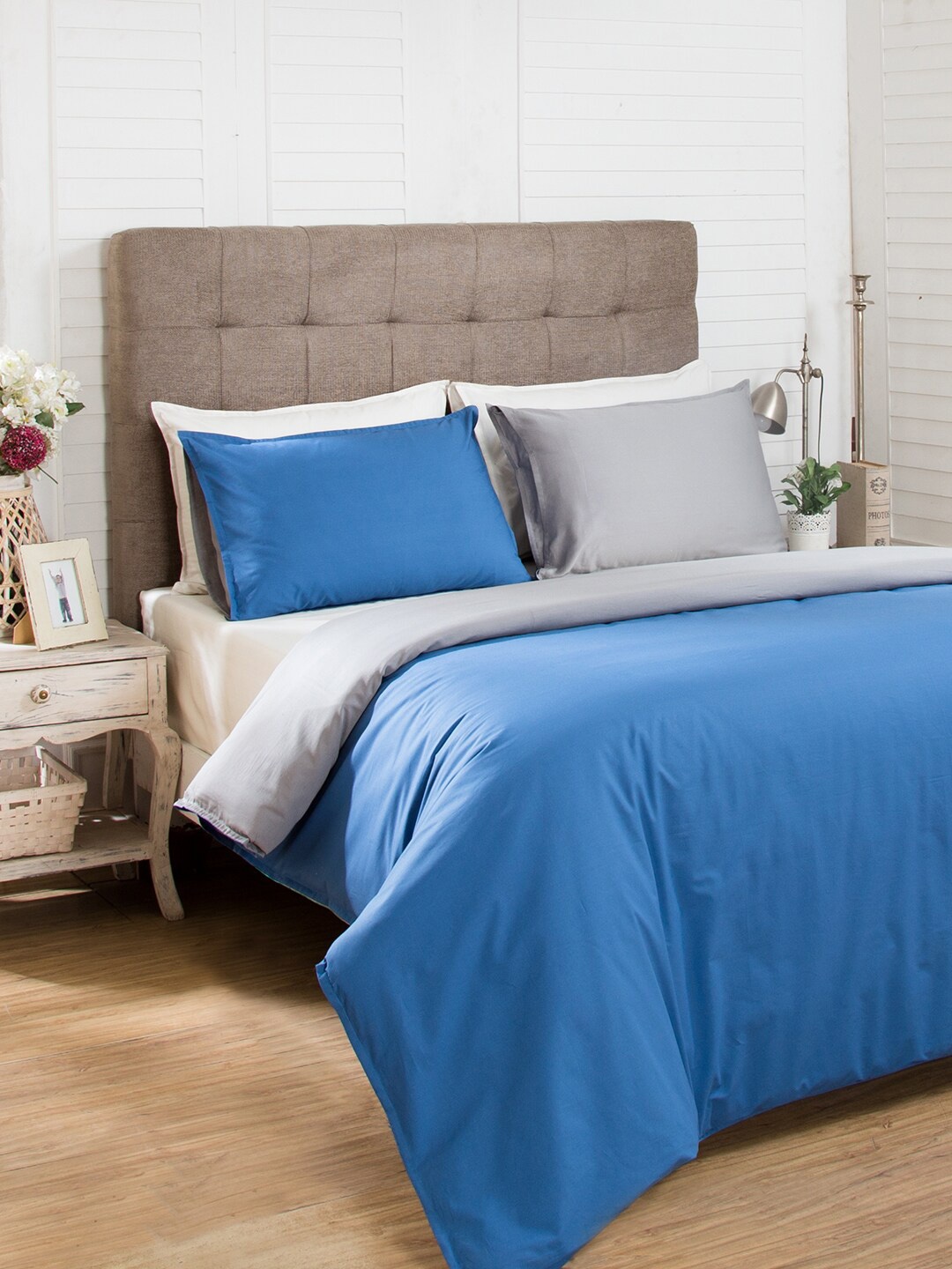 

MASPAR Blue & Grey Solid Pure Cotton 200 TC Double Queen Bed Cover With 2 Pillow Covers