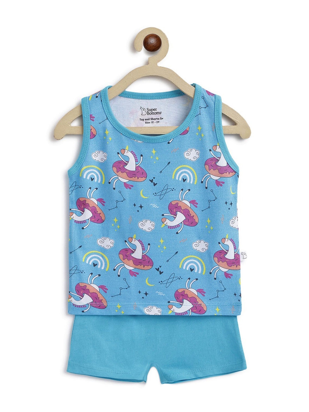 SuperBottoms Unisex Kids Blue & White Printed T-shirt with Shorts