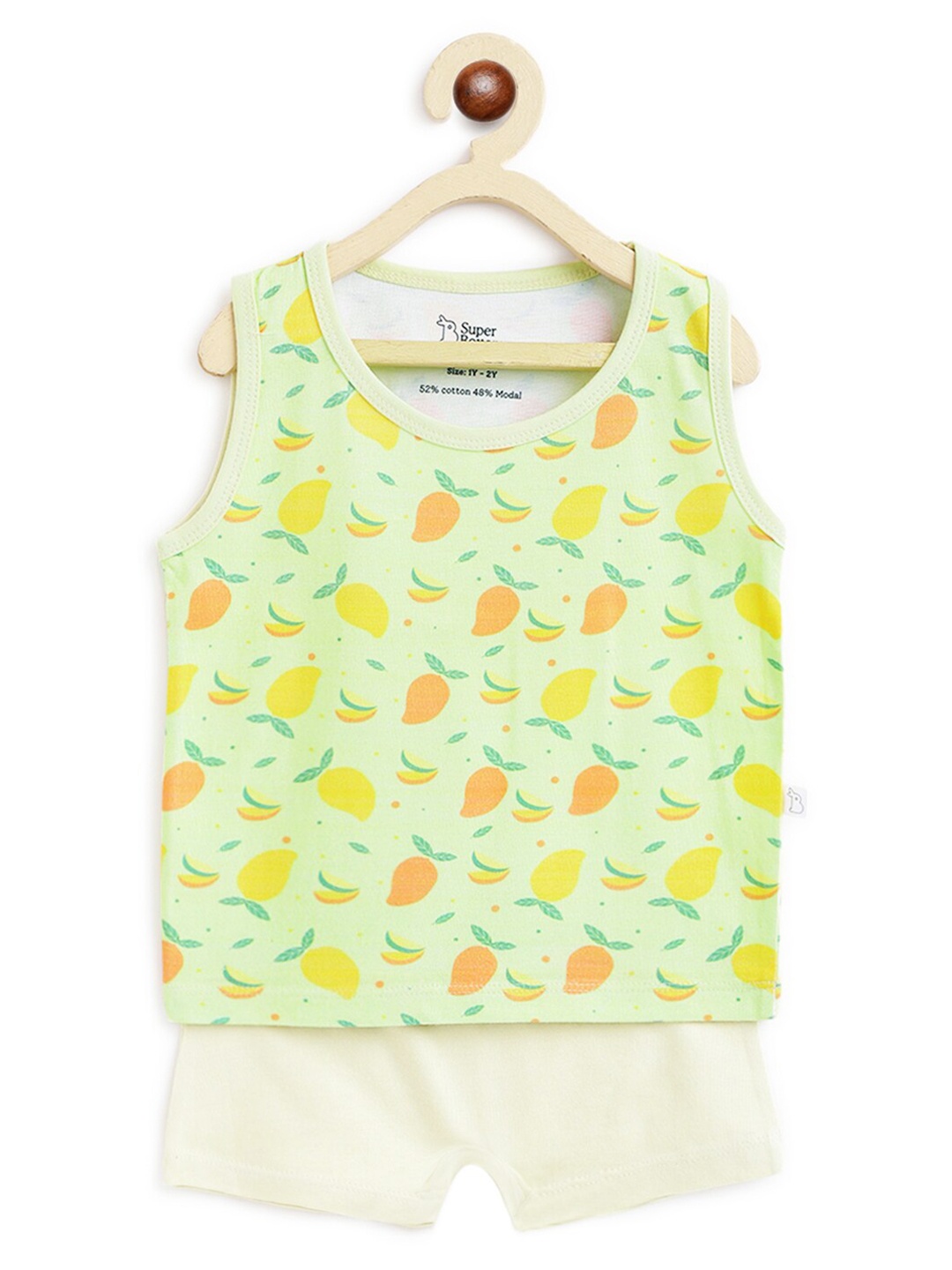 SuperBottoms Unisex Kids Yellow & Beige Printed Sustainable T-shirt with Shorts