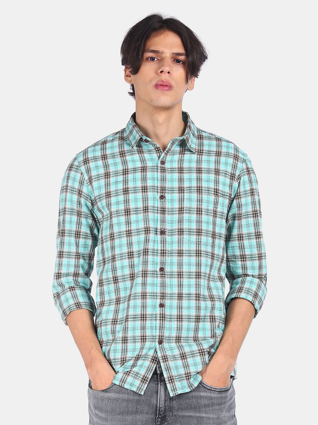 

Ruggers Men Turquoise Blue & Black Tartan Checks Checked Pure Cotton Casual Shirt