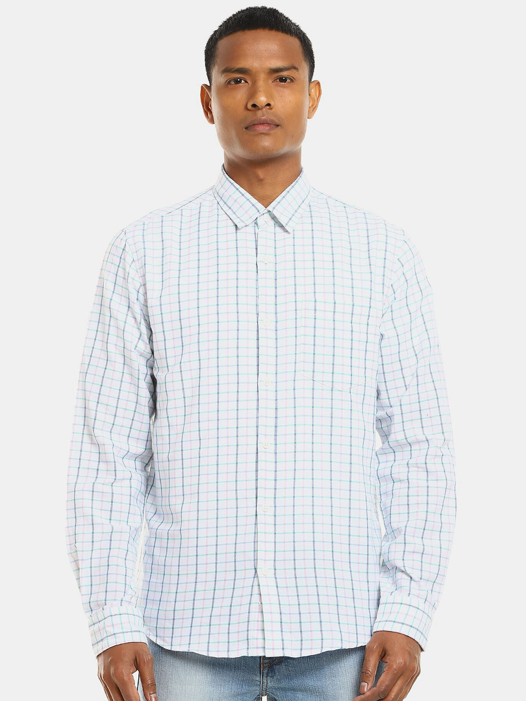 

Ruggers Men White & Pink Checked Pure Cotton Casual Shirt