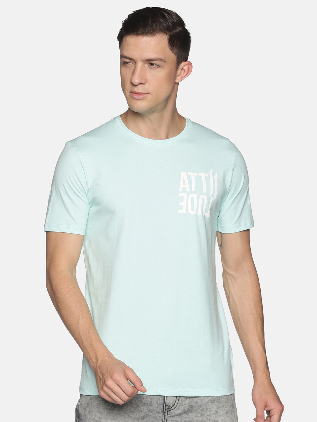 

ATTIITUDE Men Blue & White Brand Logo Printed Dri-FIT Cotton Slim Fit T-shirt
