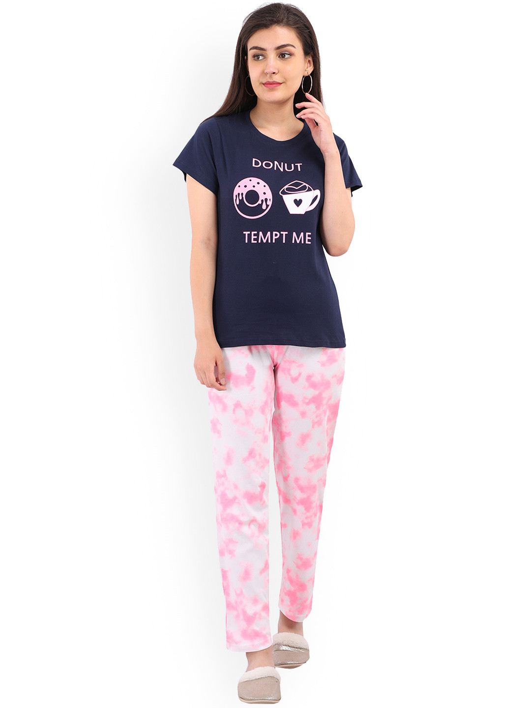 

9shines Label Women Navy Blue & Pink Printed Pure Cotton Night suit