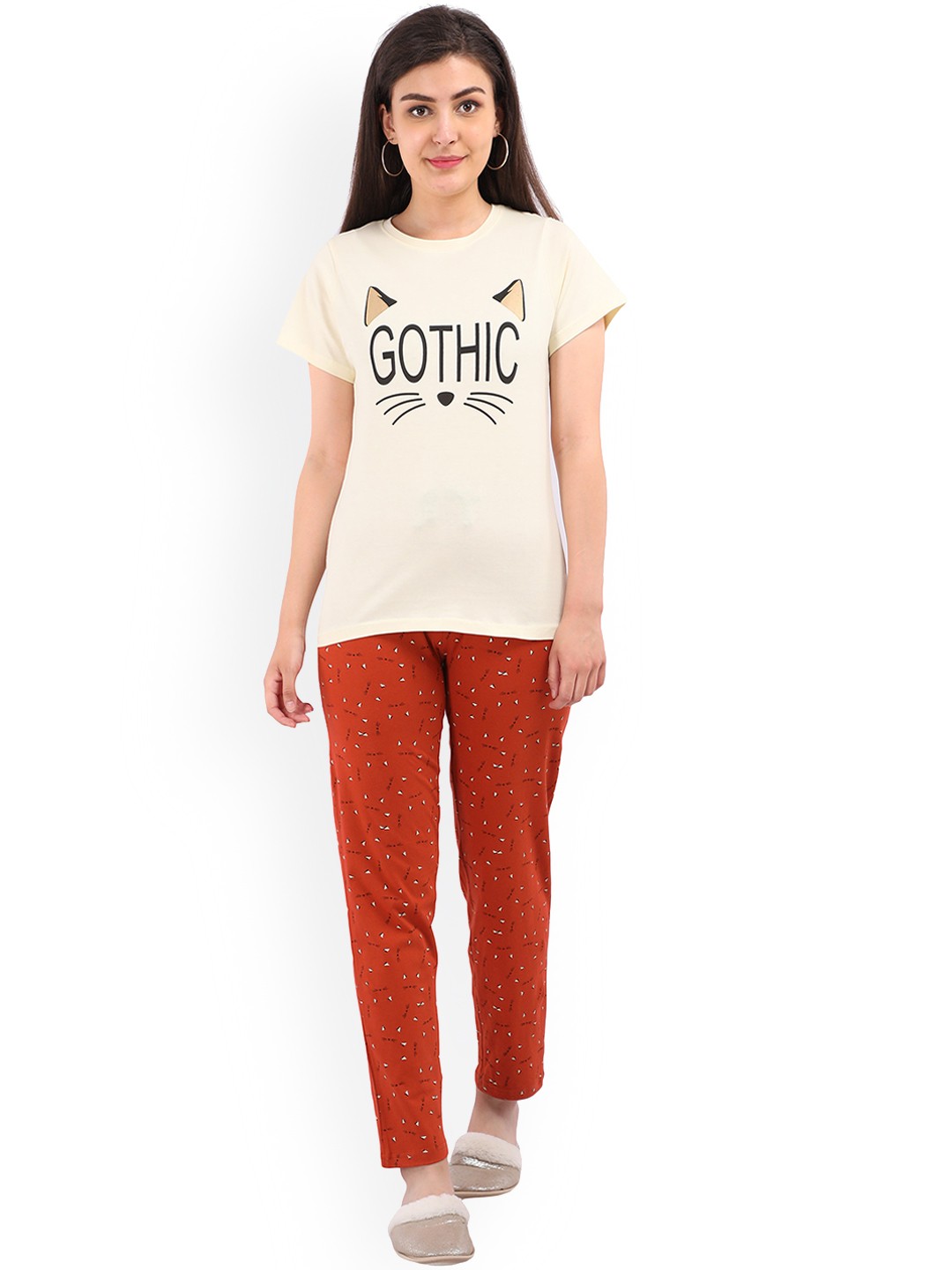 

9shines Label Women Cream-Coloured & Red Printed Pure Cotton Night suit