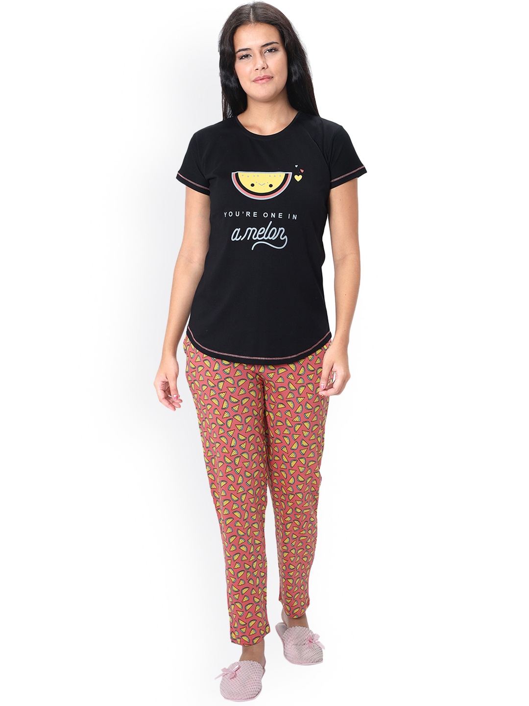 

9shines Label Women Black & Brown Printed Pure Cotton Night suit