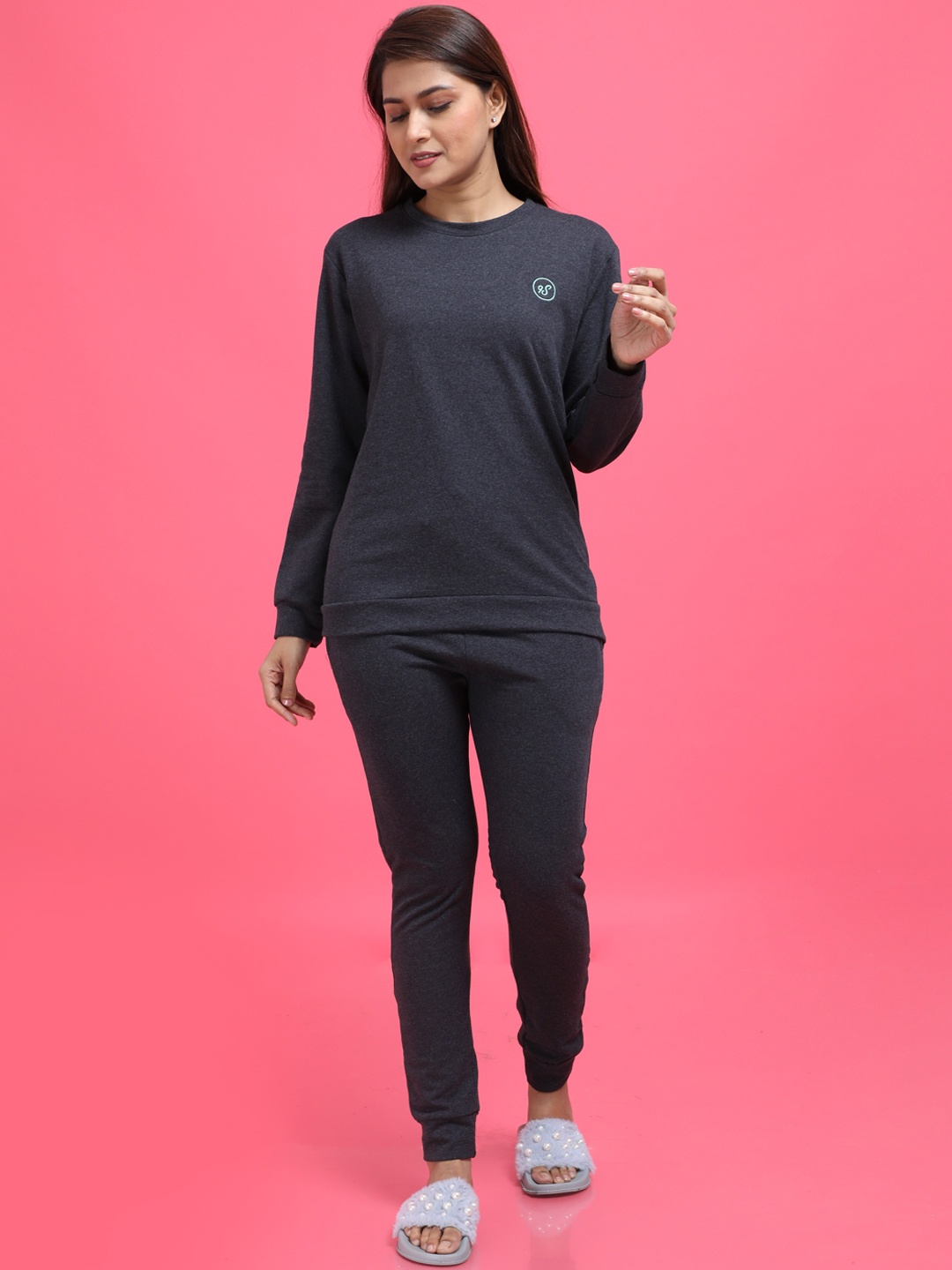 

9shines Label Women Charcoal Solid Night Suit