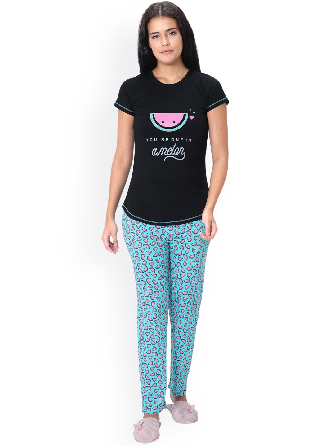 

9shines Label Women Black Printed Pure Cotton Night Suits