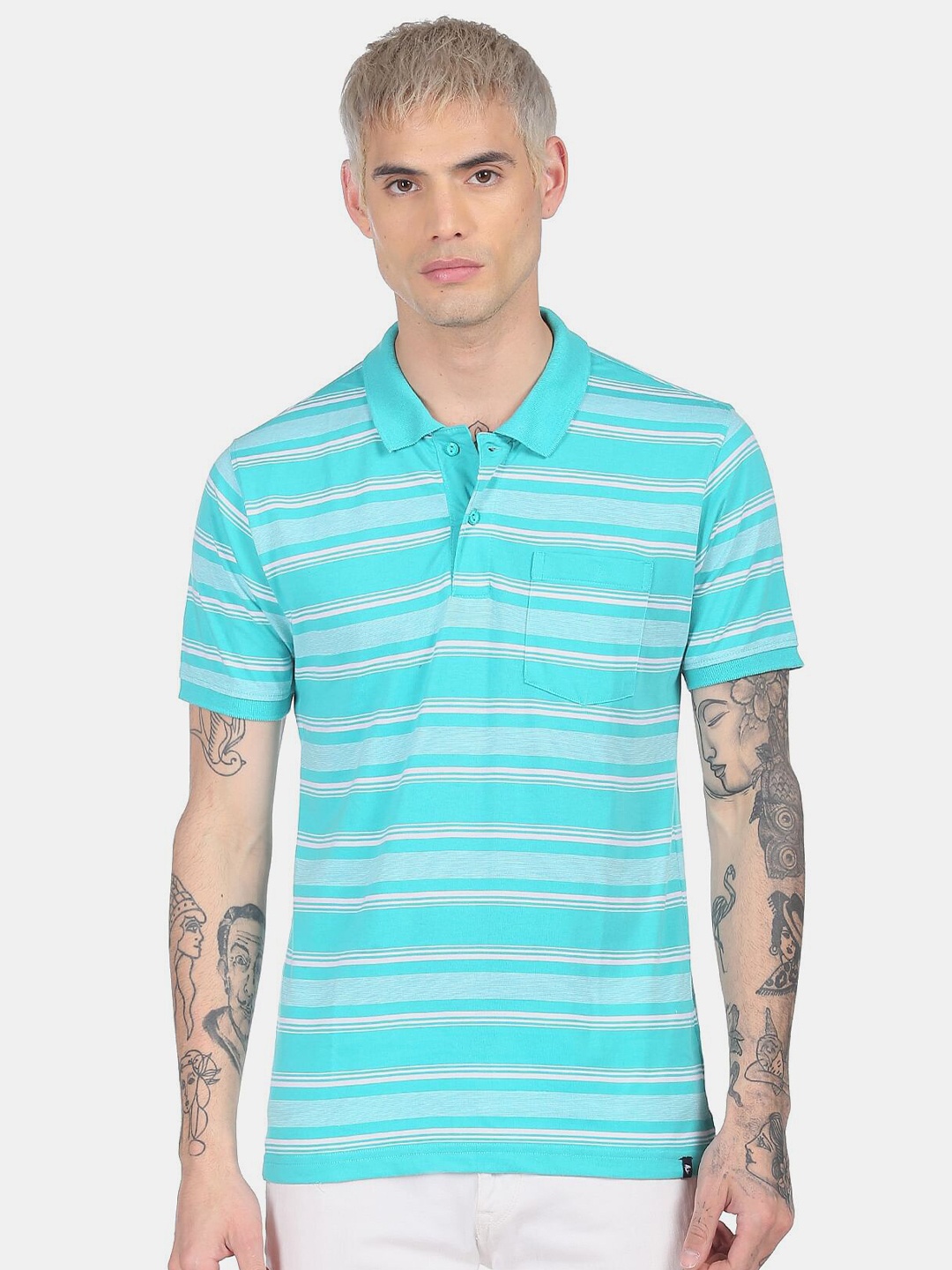 

Ruggers Men Blue & White Striped Polo Collar T-shirt