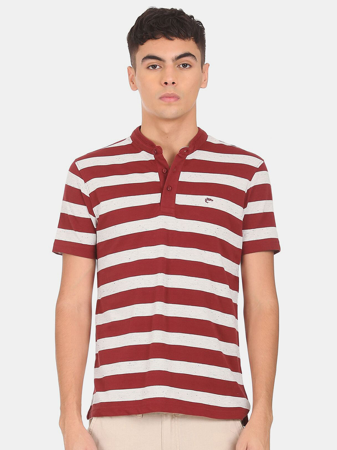 

Ruggers Men Maroon and White Striped Henley Neck T-shirt