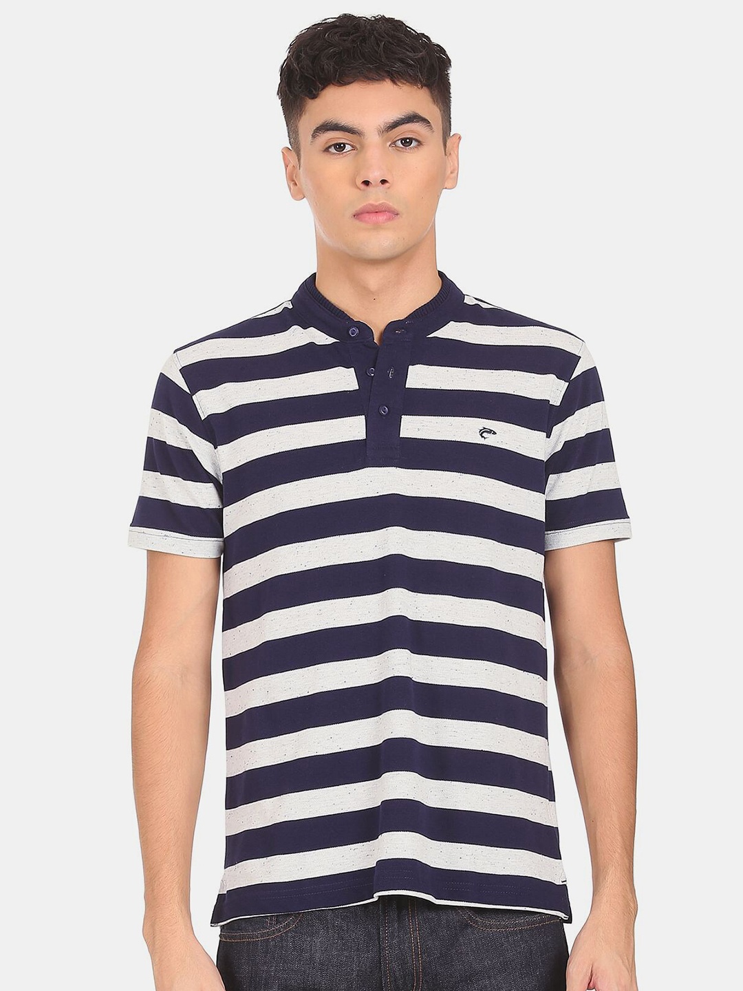 

Ruggers Men Navy Blue & White Striped Henley Neck Cotton T-shirt